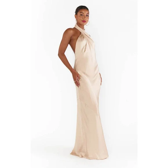 knee length dresses for ladies Jasmine Halter Maxi Dress, in Rose Gold Luxe Satin
